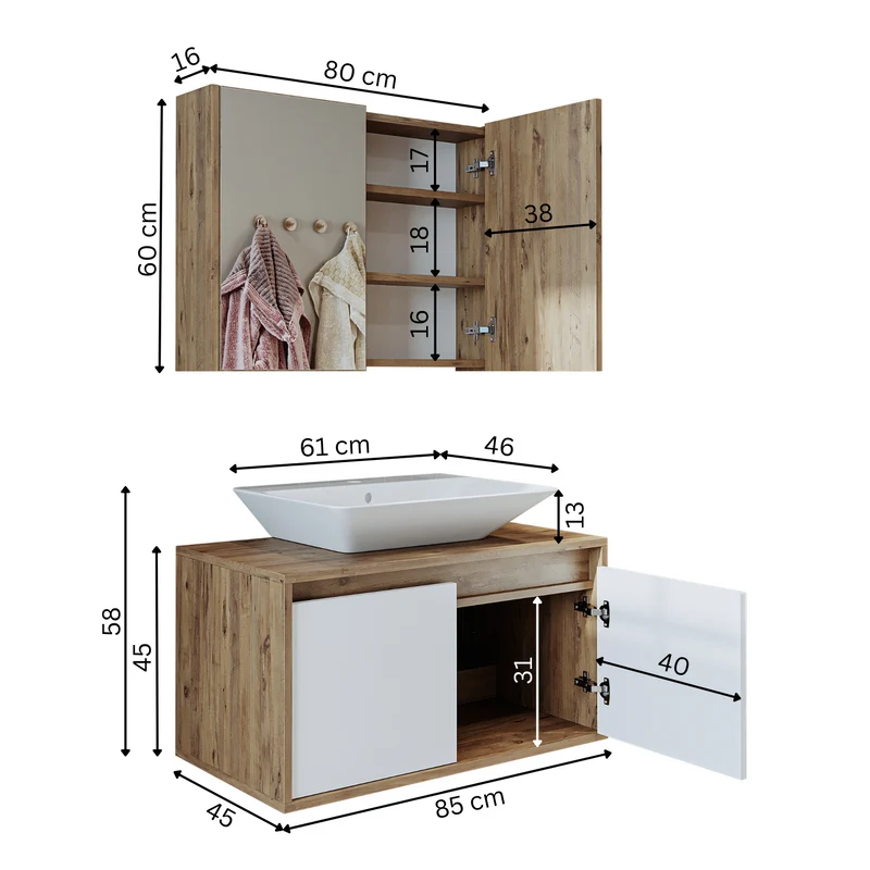 Roomart 3-teiliges Badmöbel-Set ATLANTIC, 85 cm, mit Aufsatzbecken und Spiegelschrank, in 5 Farben
