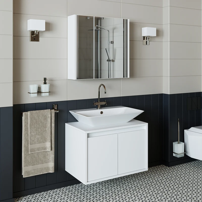 Roomart 3-teiliges Badmöbel-Set ATLANTIC, 65 cm, mit Aufsatzbecken und Spiegelschrank, in 5 Farben