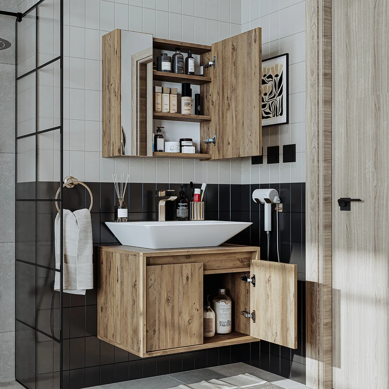 Roomart 3-teiliges Badmöbel-Set ATLANTIC, 65 cm, mit Aufsatzbecken und Spiegelschrank, in 5 Farben