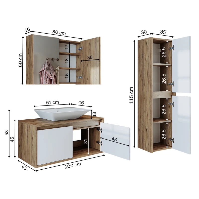 Roomart 4-teiliges Badmöbel-Set ATLANTIC, 100 cm, mit Spiegelschrank und Hochschrank, in 5 Farben