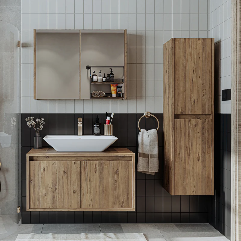 Roomart 4-teiliges Badmöbel-Set ATLANTIC, 85 cm, mit Spiegelschrank und Hochschrank, in 5 Farben