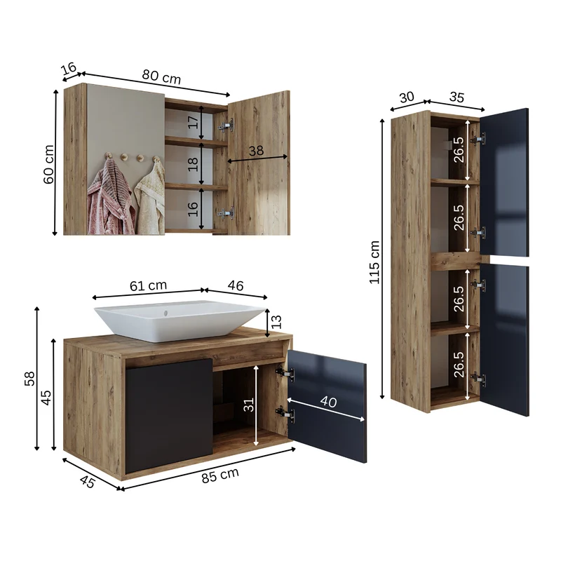 Roomart 4-teiliges Badmöbel-Set ATLANTIC, 85 cm, mit Spiegelschrank und Hochschrank, in 5 Farben