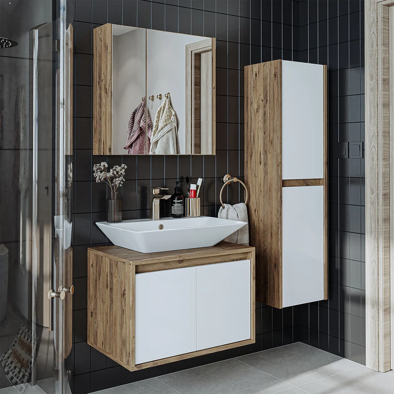 Roomart 4-teiliges Badmöbel-Set ATLANTIC 65 cm, Aufsatzbecken und Hochschrank, in 5 Farben