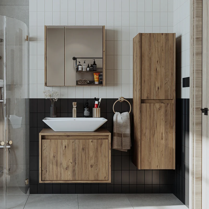 Roomart 4-teiliges Badmöbel-Set ATLANTIC 65 cm, Aufsatzbecken und Hochschrank, in 5 Farben