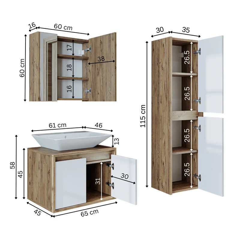 Roomart 4-teiliges Badmöbel-Set ATLANTIC 65 cm, Aufsatzbecken und Hochschrank, in 5 Farben