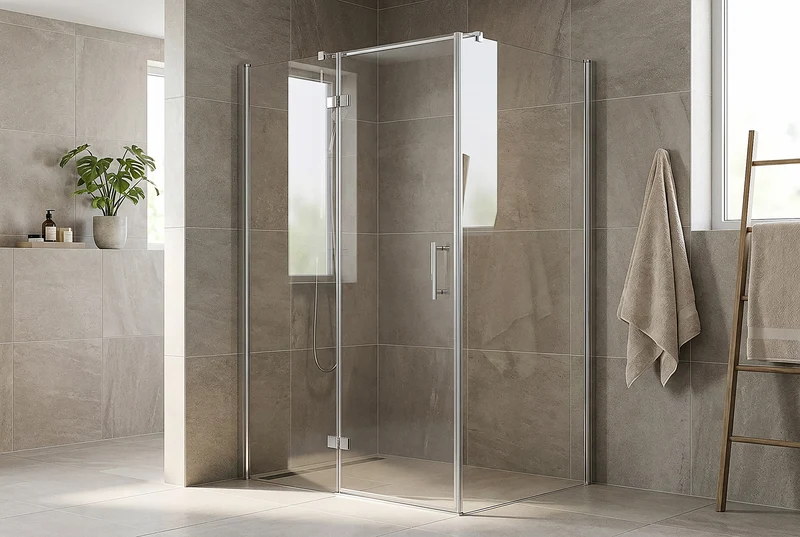 Dreiseitige Dusche, Drehtür mit zwei Seitenwänden, 6 mm ESG-Glas, EasyCare, 200 cm hoch