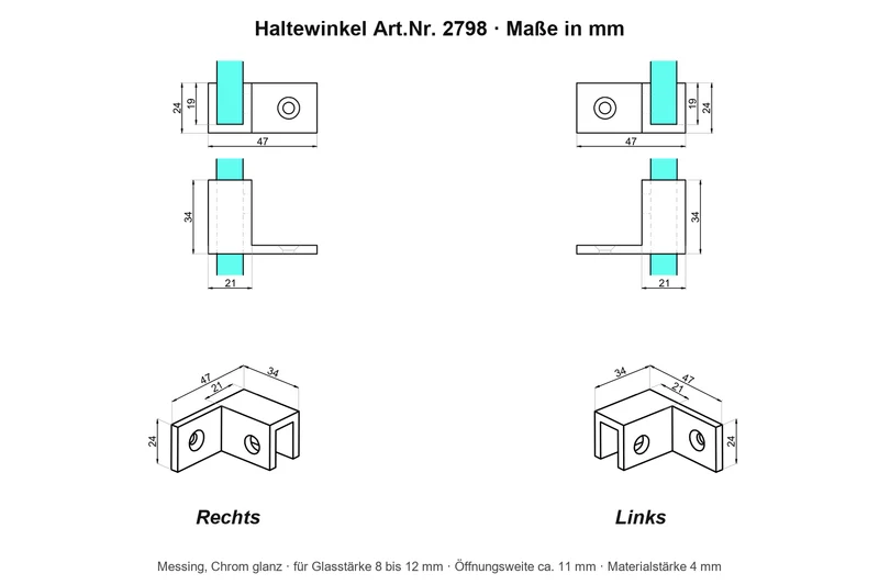 Haltewinkel als Wandhalter für feststehende Scheiben zur Stabilisierung ohne Glasbohrung, Chrom glanz, Art.Nr. 2798
