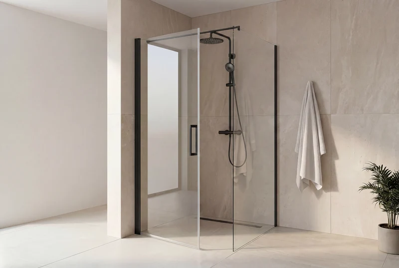 Eckdusche, Drehtür mit fester Seitenwand, 6 mm ESG-Glas, EasyCare, 200 cm hoch