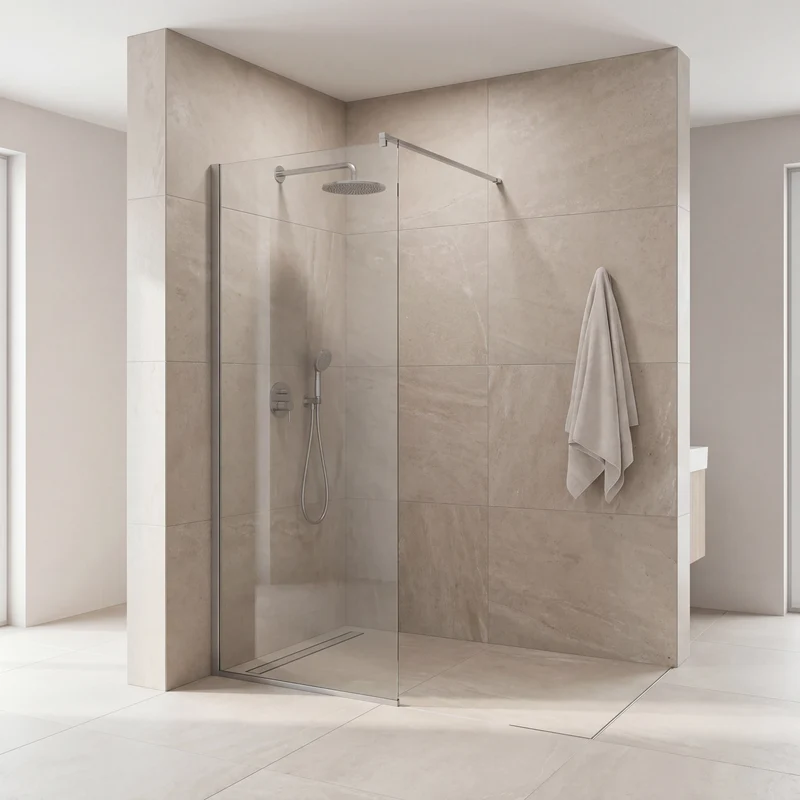 Walk-in Duschwand, feste Glaswand mit Stabilisierung, 6 mm ESG-Glas, EasyCare, 197,5 cm hoch