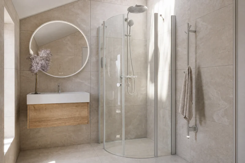 Viertelkreis-Dusche mit zwei gebogenen Drehtüren, 6 mm ESG-Glas, EasyCare, 200 cm hoch