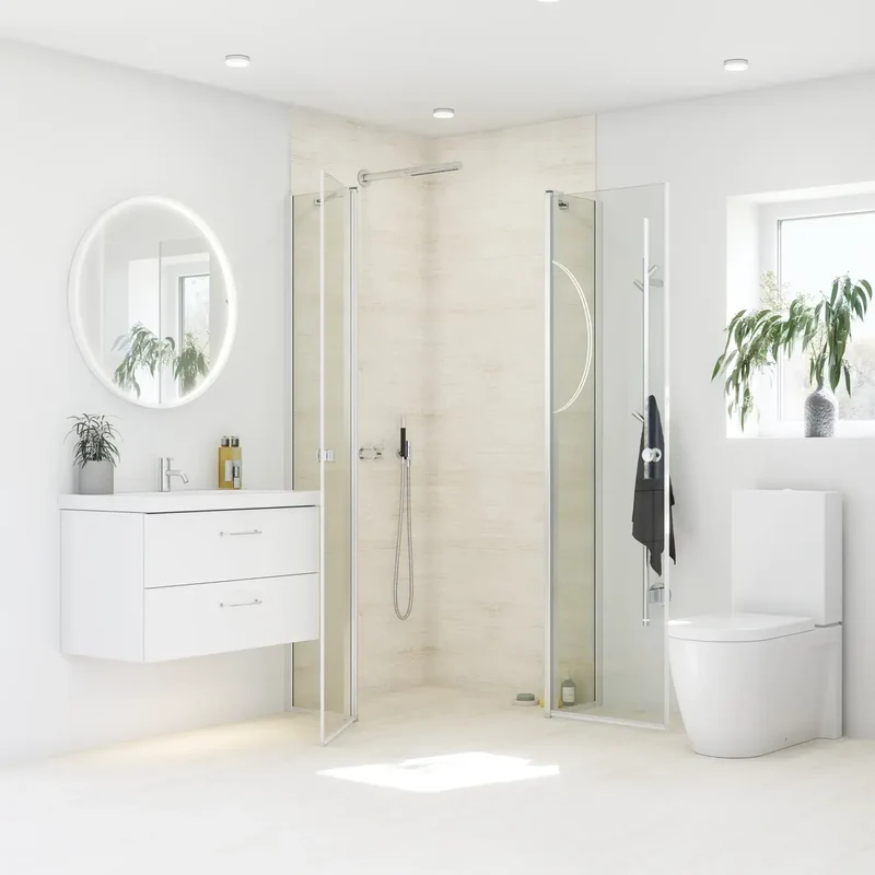 Eckdusche mit zwei Falttüren, Komplett-Set mit Wandprofilen, 6 mm ESG-Glas, EasyCare, 200 cm hoch