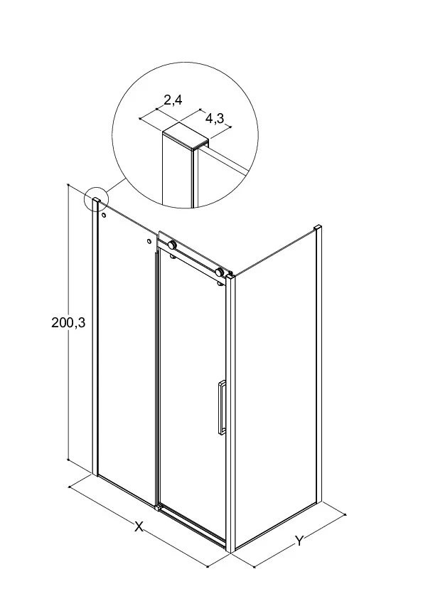 XXL Großraumdusche Schiebetür mit Seitenwand für die Ecke, 8 mm ESG-Glas, EasyCare, 200 cm hoch