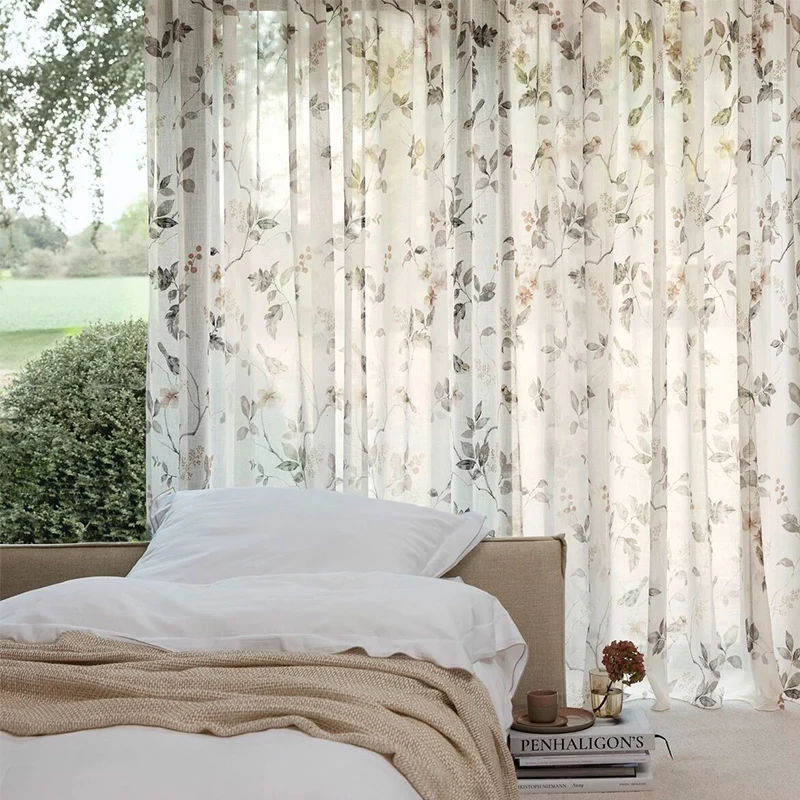 Melody – halbtransparenter Vorhang nach Maß mit Blumenmuster Leinenoptik Floral Landhaus
