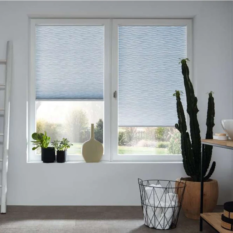 Duette Ocean – Design-Wabenplissee nach Maß mit sanftem Wellenverlauf gemustert blau, grau, beige