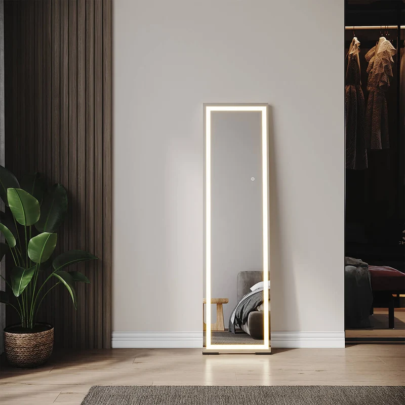 SONNI LED Bodenspiegel, beleuchteter Ganzkörperspiegel mit Touch-Schalter und Einstellbarer 3-Farben Lichtquelle, großer dimmbarer Steh-Kosmetikspiegel für Schlafzimmer 150 x 40 cm