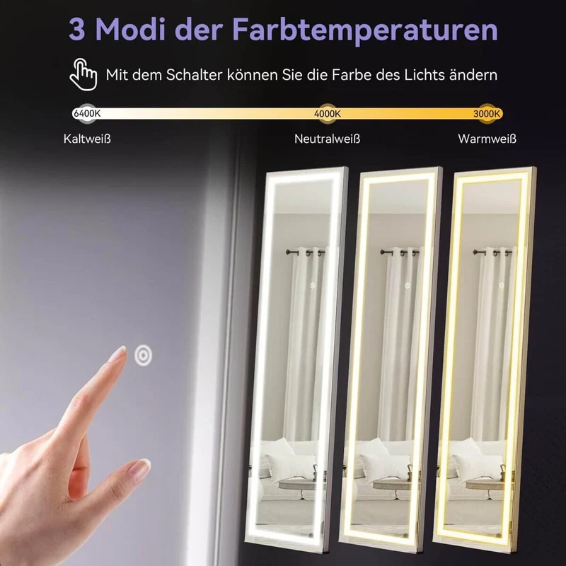 SONNI LED Bodenspiegel, beleuchteter Ganzkörperspiegel mit Touch-Schalter und Einstellbarer 3-Farben Lichtquelle, großer dimmbarer Steh-Kosmetikspiegel für Schlafzimmer 150 x 40 cm
