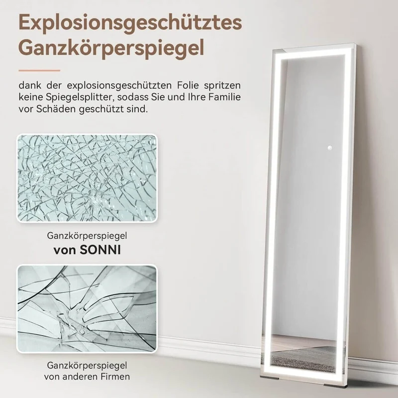 SONNI LED Bodenspiegel, beleuchteter Ganzkörperspiegel mit Touch-Schalter und Einstellbarer 3-Farben Lichtquelle, großer dimmbarer Steh-Kosmetikspiegel für Schlafzimmer 150 x 40 cm