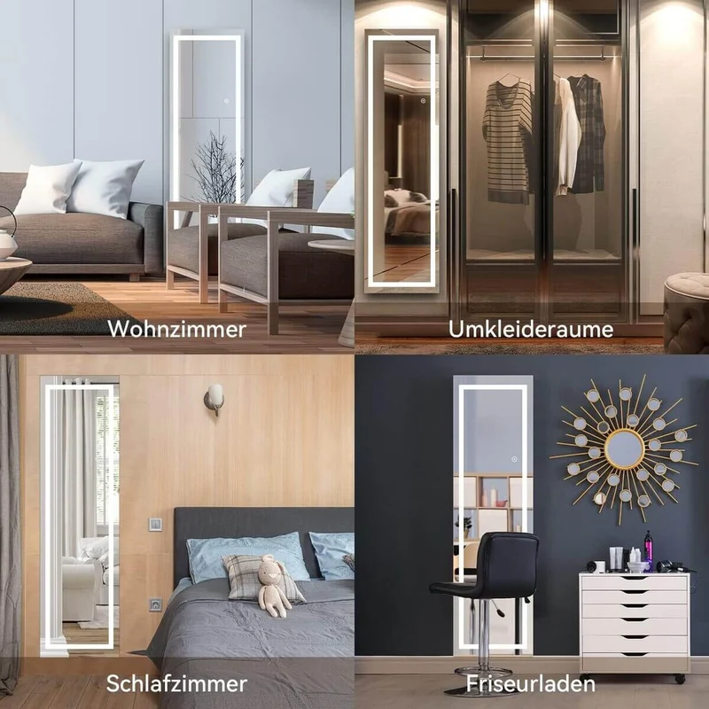 SONNI LED Bodenspiegel, beleuchteter Ganzkörperspiegel mit Touch-Schalter und Einstellbarer 3-Farben Lichtquelle, großer dimmbarer Steh-Kosmetikspiegel für Schlafzimmer 150 x 40 cm