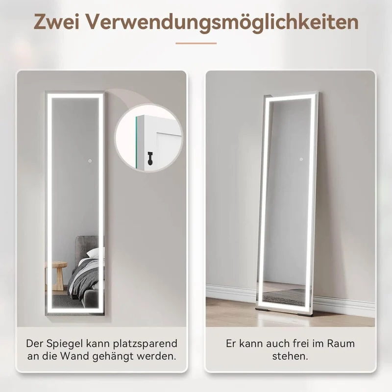 SONNI LED Bodenspiegel, beleuchteter Ganzkörperspiegel mit Touch-Schalter und Einstellbarer 3-Farben Lichtquelle, großer dimmbarer Steh-Kosmetikspiegel für Schlafzimmer 150 x 40 cm