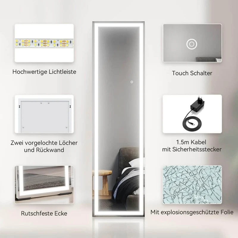 SONNI LED Bodenspiegel, beleuchteter Ganzkörperspiegel mit Touch-Schalter und Einstellbarer 3-Farben Lichtquelle, großer dimmbarer Steh-Kosmetikspiegel für Schlafzimmer 150 x 40 cm