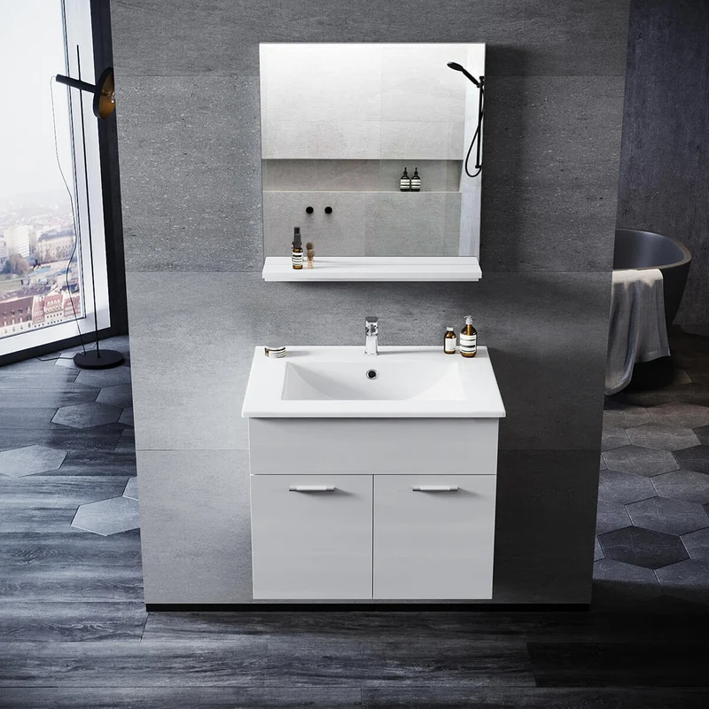 SONNI Badmöbel Set mit Waschbecken mit Unterschrank und Spiegel Badezimmermöbel 2-teilig 60cm Hochglanz Weiß