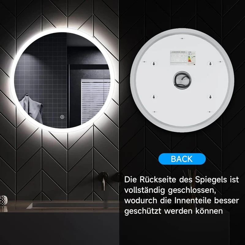 SONNI Badspiegel mit Beleuchtung Rund 60 cm Beschlagfrei Runder Badspiegel mit LED-Beleuchtung LED Badspiegel Rund mit Touch Schalter Wandspiegel Kaltweiß 6400K