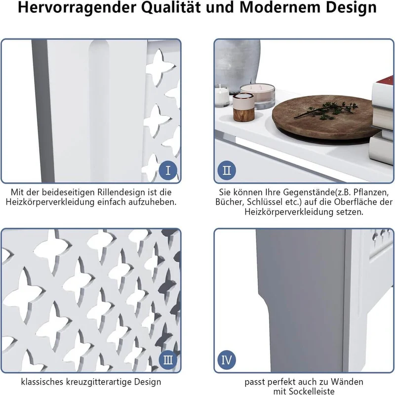 SONNI Heizkörperverkleidung Abdeckung Heizungsverkleidung weiß mit Kreuzgitter für Wohnzimmer Flur Diele B1120 x T190 x H815 mm
