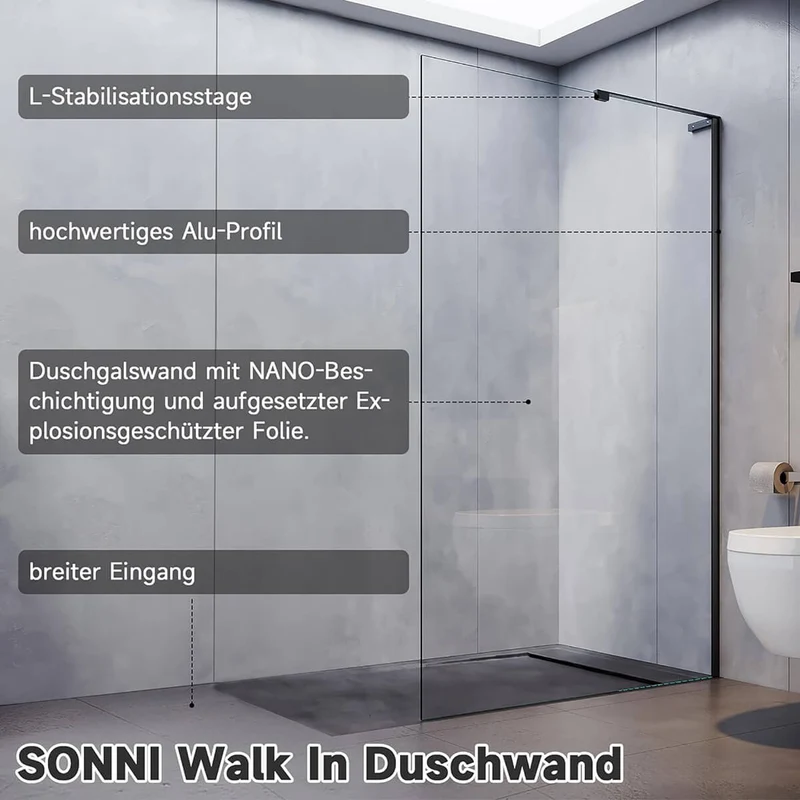 SONNI Duschwand Glas 90-120 x 200cm Schwarz mit NANO Glas Sicherheitsfolie Duschtrennwand Glas Walk In Glaswand Dusche