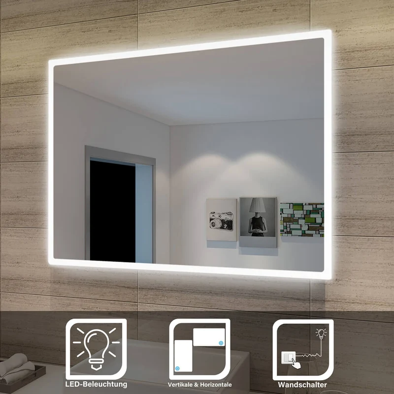 SONNI Badezimmer LED Spiegel Badspiegel mit Beleuchtung Wandschalter 80Lx60Bcm kaltweiß IP44 energiesparend