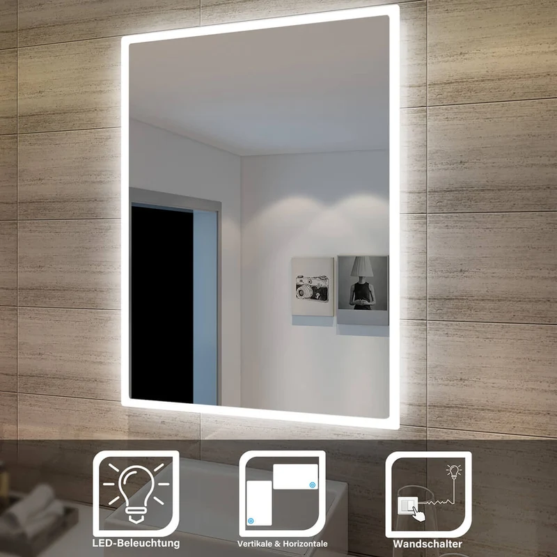 SONNI Badezimmer LED Spiegel Badspiegel mit Beleuchtung Wandschalter 80Lx60Bcm kaltweiß IP44 energiesparend