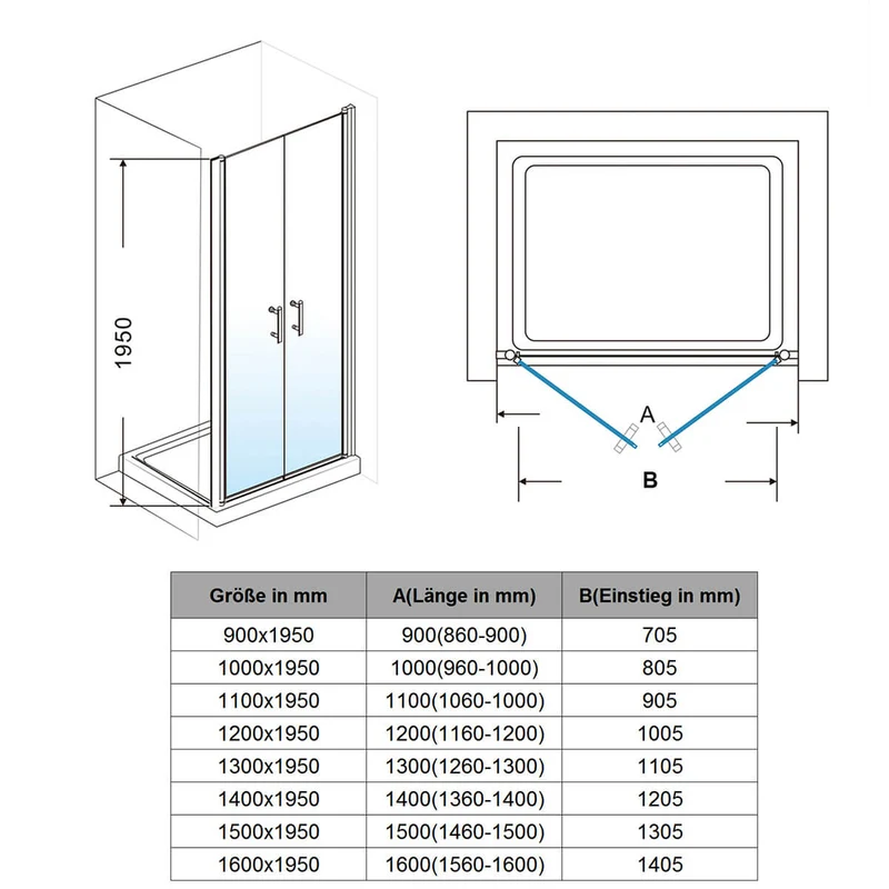 SONNI Dusche Nischentür Doppel Pendeltür Schwingtür Rahmenlos ESG Glas 80-120cm Höhe 195cm