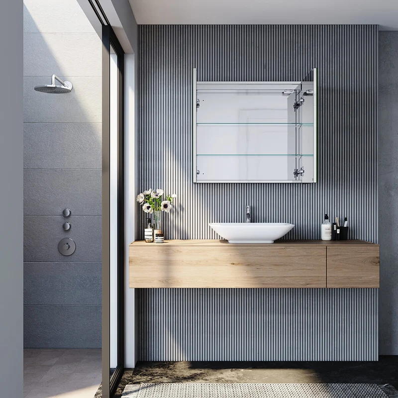 SONNI Edelstahl LED Spiegelschrank mit Beleuchtung, Steckdose und Kippschalter fürs Badezimmer 70x65 cm