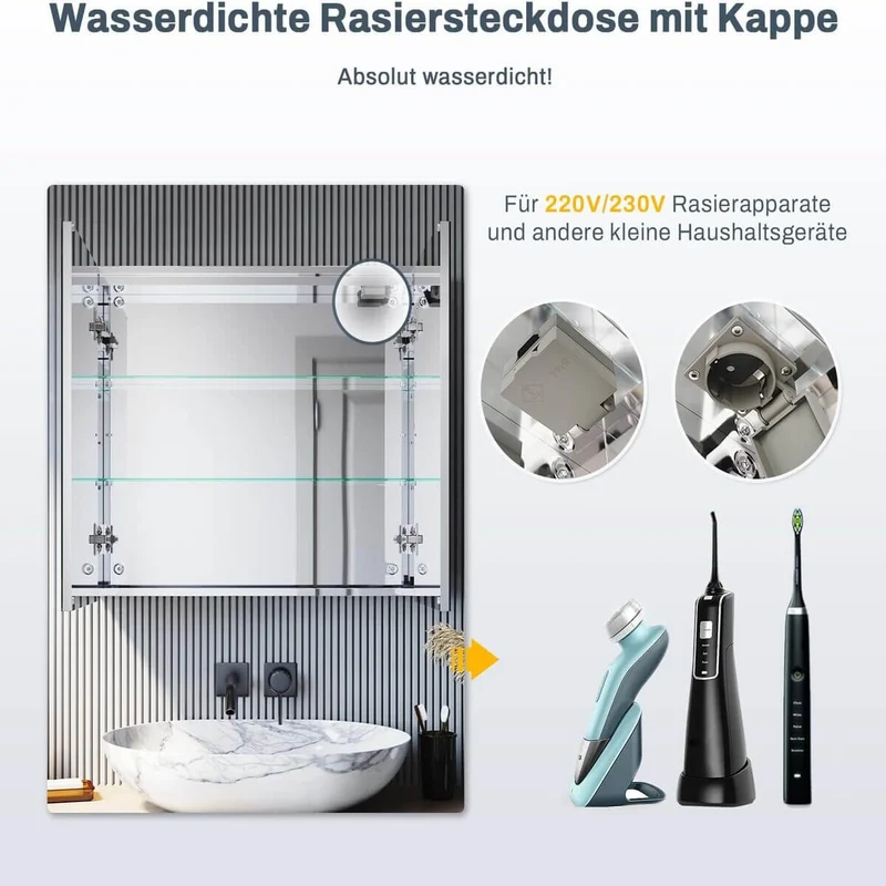 SONNI Edelstahl LED Spiegelschrank mit Beleuchtung, Steckdose und Kippschalter fürs Badezimmer 70x65 cm