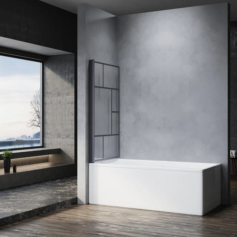 SONNI Duschwand für Badewanne mit schwarzem Gitterdesign NANO-GLAS Badewannenaufsatz faltbar 80x140 cm(BxH) Duschabtrennung Badewanne