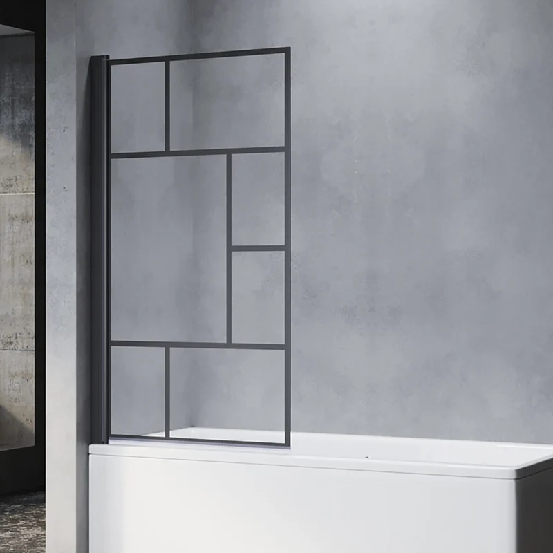 SONNI Duschwand für Badewanne mit schwarzem Gitterdesign NANO-GLAS Badewannenaufsatz faltbar 80x140 cm(BxH) Duschabtrennung Badewanne