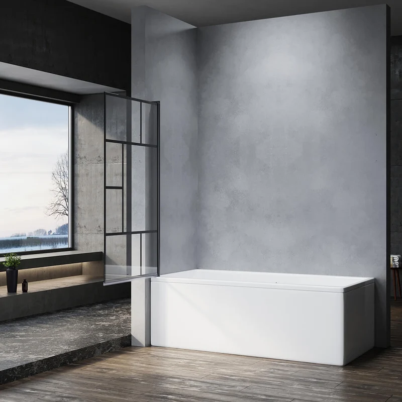 SONNI Duschwand für Badewanne mit schwarzem Gitterdesign NANO-GLAS Badewannenaufsatz faltbar 80x140 cm(BxH) Duschabtrennung Badewanne