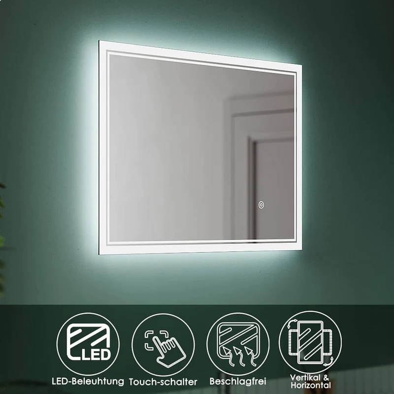 SONNI Badspiegel mit Beleuchtung Beschlagfrei LED Badspiegel mit Touchschalter kaltwei IP44 Wandschalter