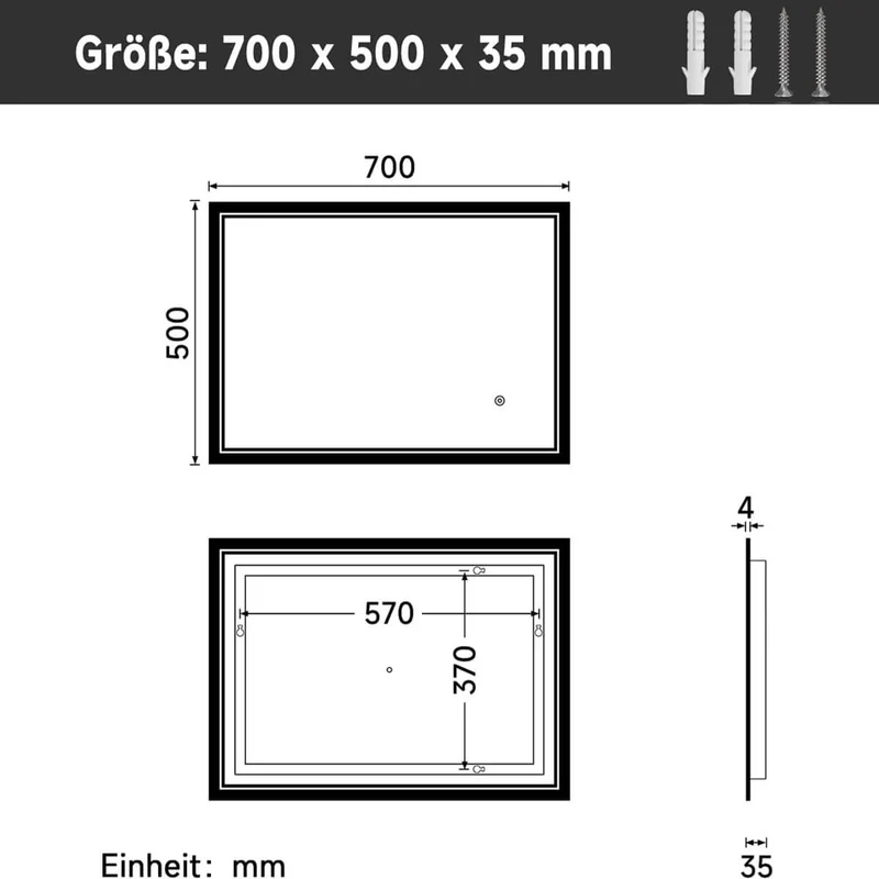 SONNI Badspiegel mit Beleuchtung Beschlagfrei LED Badspiegel mit Touchschalter kaltwei IP44 Wandschalter