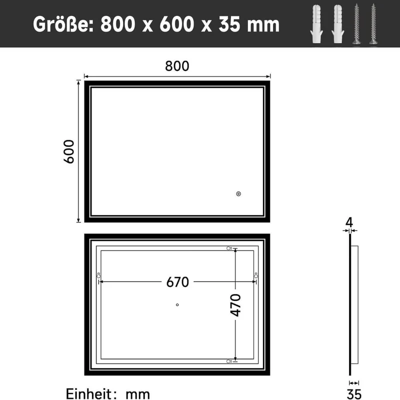SONNI Badspiegel mit Beleuchtung Beschlagfrei LED Badspiegel mit Touchschalter kaltwei IP44 Wandschalter