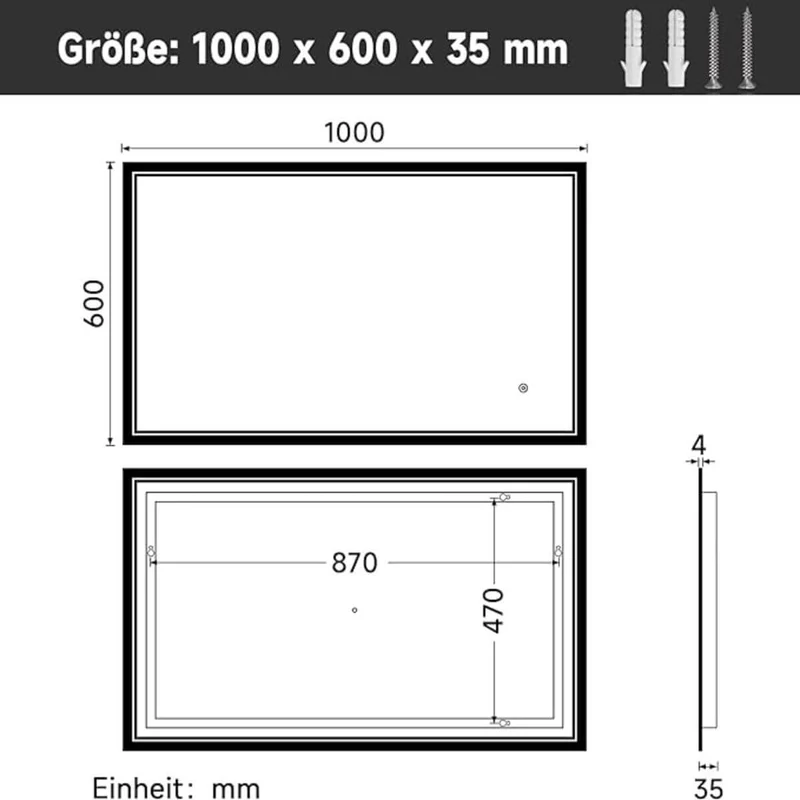 SONNI Badspiegel mit Beleuchtung Beschlagfrei LED Badspiegel mit Touchschalter kaltwei IP44 Wandschalter