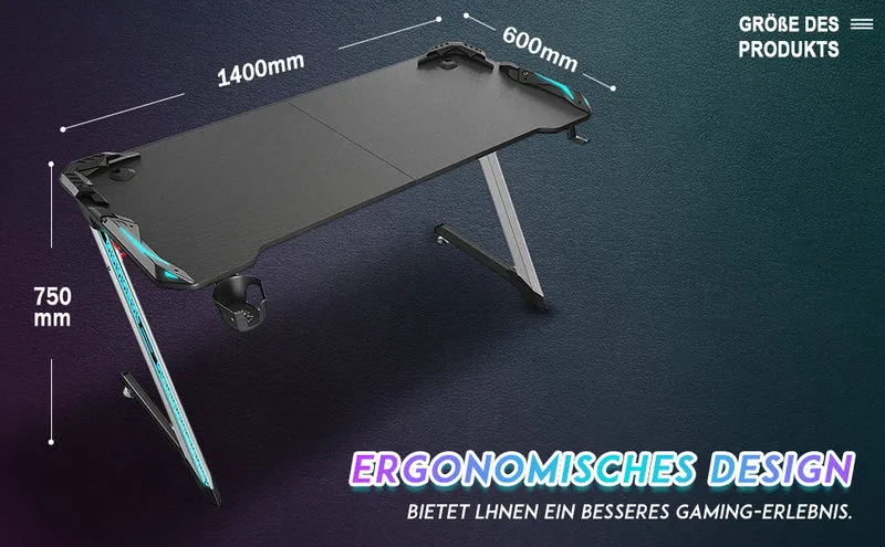 SONNI Gaming Schreibtisch mit LED 120cm Gaming Tisch RGB Gaming Schreibtisch Ergonomischer Tisch Gamer Tisch mit Getränkehalterung und Kopfhörerhaken Schwarz PC Tisch Klein