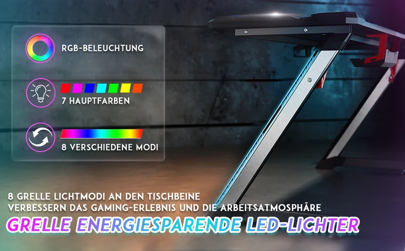 SONNI Gaming Schreibtisch mit LED 120cm Gaming Tisch RGB Gaming Schreibtisch Ergonomischer Tisch Gamer Tisch mit Getränkehalterung und Kopfhörerhaken Schwarz PC Tisch Klein