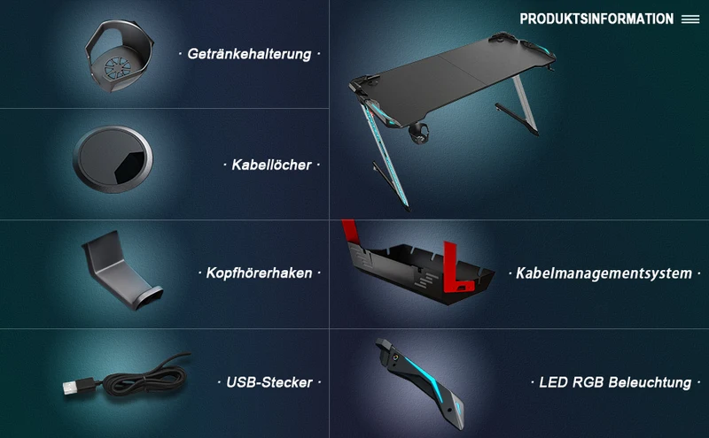SONNI Gaming Schreibtisch mit LED 120cm Gaming Tisch RGB Gaming Schreibtisch Ergonomischer Tisch Gamer Tisch mit Getränkehalterung und Kopfhörerhaken Schwarz PC Tisch Klein