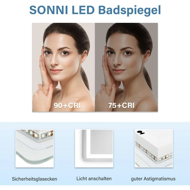 SONNI Badspiegel mit Beleuchtung 60x40 cm LED Badspiegel Wandschalter Badezimmerspiegel Wandspiegel Lichtspiegel IP44