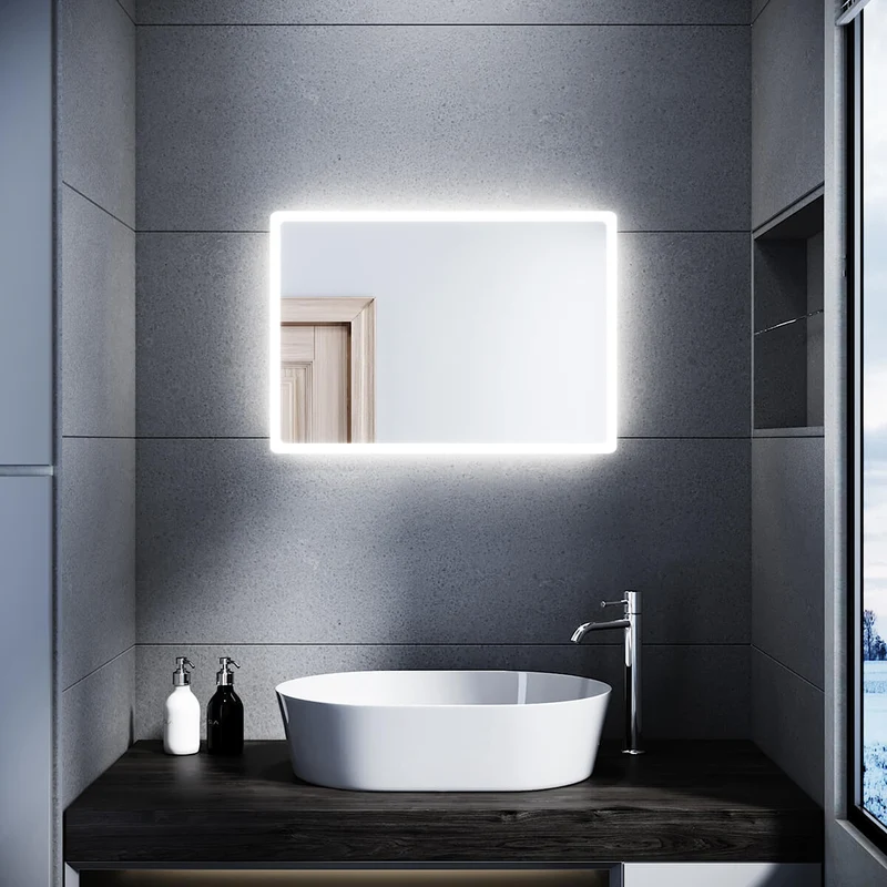 SONNI Badspiegel mit Beleuchtung 60x40 cm LED Badspiegel Wandschalter Badezimmerspiegel Wandspiegel Lichtspiegel IP44