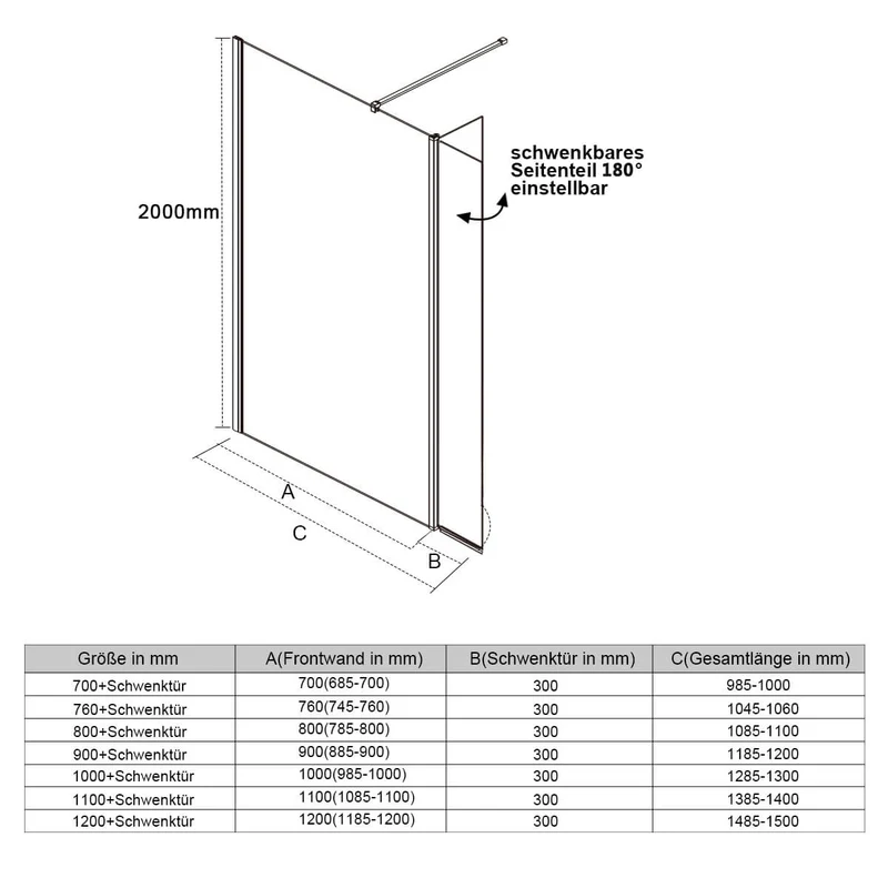SONNI Walk In Dusche Duschabtrennung Duschwand Nano Beschichtung Klarglas Mit 30cm schwenkbarer Seitenteil