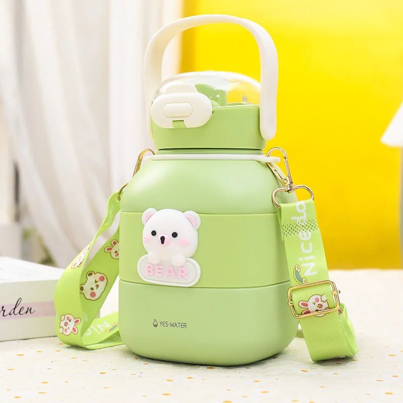 Dame isolasjonsdrikkeflaske med praktisk bæresnor og søtt bjørnemotiv Luvikno