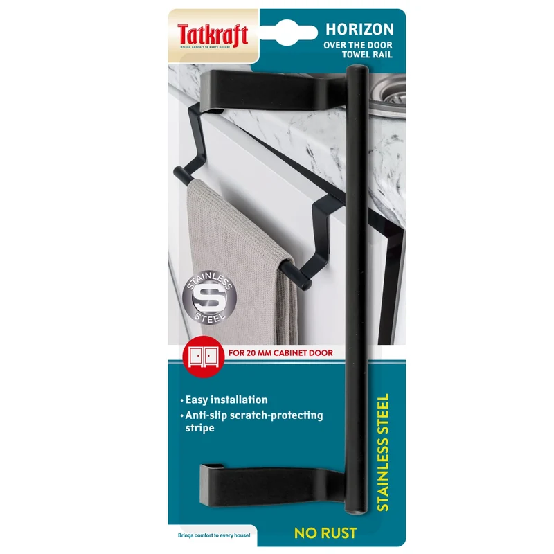 Tatkraft Horizon Black – Tür-Handtuchhalter mit Kratzschutzstreifen, 23 × 7,3 cm, Metall, Schwarz.