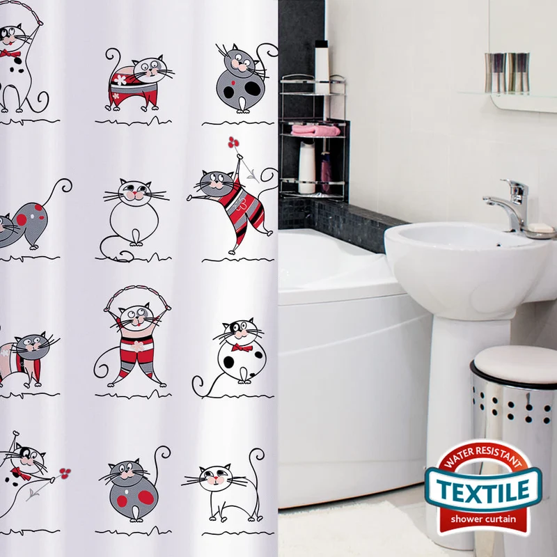 Tatkraft Funny Cats - Duschvorhang, Duschvorhang Badewanne, Duschvorhang Textil, Duschvorhang Modern, 12 Vorhangringen, Textil Polyester, 180x180cm