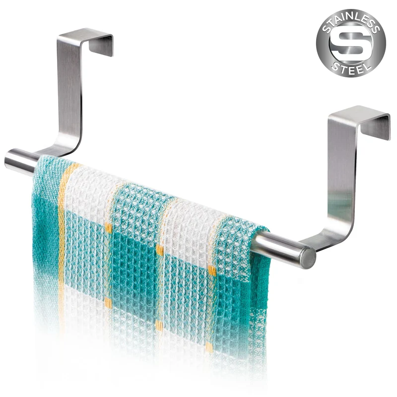Tatkraft Horizon - Handtuchhalter Ohne Bohren, Türhaken Für Küche Badezimmer, mit Anti Kratz Strips, Geschirrtuchhalter, 7.3x23 cm, Edelstahl